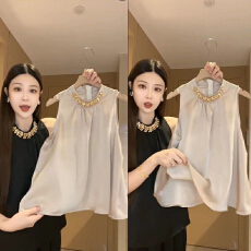 批发黑色无袖脖<b class='q'>雪纺</b><b class='q'>衬衫</b>女2026夏季新款重工钻链宽松显瘦辣妹套头上衣