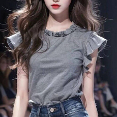 批发超好看<b class='q'>赫本</b><b class='q'>风</b>飞飞袖上衣独特木耳边设计款小众别致上衣圆领短袖衫