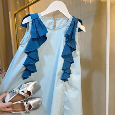 批发蓝色蝴蝶结荷花边无袖衬衫女夏季设计感后背镂空别致绝美小衫上衣