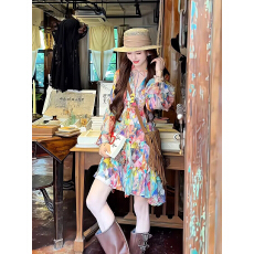 批发法式碎花连衣<b class='q'>裙</b>气质印花甜美春夏季新款2026<b class='q'>长袖</b>温柔仙女蛋糕<b class='q'>裙</b>