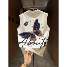 批发夏季新款潮牌彩绘蝴蝶印花无袖T恤美式痞帅纯棉运动圆领坎肩背心