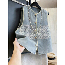 批发2026年春新中式国风牛仔设计马甲女圆领类似拼接减龄百搭<b class='q'>通勤</b>