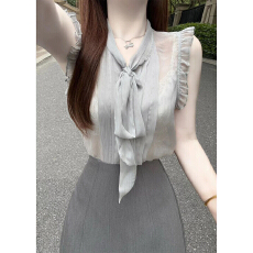 批发气质巨好看的套装韩系温柔风灰色无袖<b class='q'>衬衫</b>a字短裙漂亮独特两件套