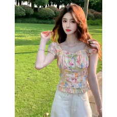 批发法式漂亮碎花泡泡袖小衫短袖<b class='q'>衬衫</b>女士修身短款夏季超好看洋气上衣