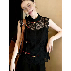 批发新中式国风高端<b class='q'>定制</b>黑色大码上衣女2026夏季新款蕾丝精致华贵无袖
