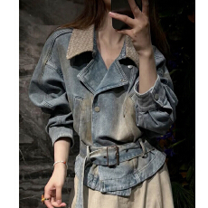 批发轻熟风系带收腰水洗做旧<b class='q'>牛仔</b>外套女春季小个子简约高级感百搭上衣