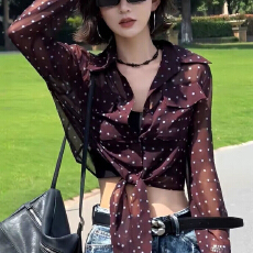 批发高级感轻薄雪纺防晒波点<b class='q'>衬衫</b>女夏季<b class='q'>长袖</b>新款法式微透性感短款上衣