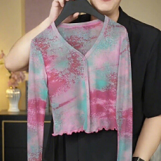 批发扎染设计感长袖网纱外搭夏季薄款<b class='q'>短</b>款披肩女别致袖口小外套空调衫