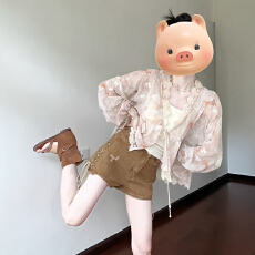 批发法式气质绣花<b class='q'>蕾丝</b>衬衫废土风高腰系带<b class='q'>短裤</b>两件套女夏季穿搭一整套