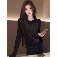 批发<b class='q'>韩版</b>高级圆领<b class='q'>长袖</b>t恤波点吊带背心两件套女2026夏季新款叠穿套装