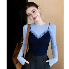 批发撞色蕾丝拼接小众<b class='q'>长袖</b>亲肤春季小衫显瘦别致减龄假两件<b class='q'>韩版</b>打底衣