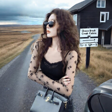 批发春<b class='q'>秋</b>新款设计感网纱拼接薄款蕾丝衫辣妹纯欲风显瘦内搭透视上衣女