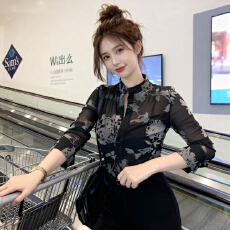 批发法式黑色网纱薄款长袖微透衬衫女新款爆款春季高级感气质打底上衣