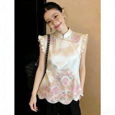 批发国风新中式刺绣飞飞袖马甲女夏新款高级气质减龄醋酸缎面无袖上衣