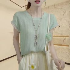 批发<b class='q'>镂空</b>蕾丝边假两件小飞袖冰丝<b class='q'>针织衫</b>2026夏季薄款时尚百搭短袖T恤