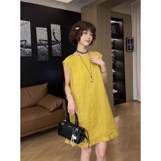 批发夏季显瘦减龄设计感棉麻圆领木耳边下摆<b class='q'>连衣裙</b>小众别致圆领背心裙