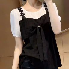 批发韩版宽松泡泡袖<b class='q'>花朵</b>吊带假两件上衣2026夏季大码女装胖mm显瘦<b class='q'>t</b><b class='q'>恤</b>