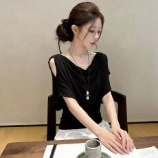 批发夏款2026露肩荡领短袖<b class='q'>T</b><b class='q'>恤</b>女夏气质修身百搭显瘦上衣