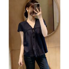批发休闲风V领系带宽松短袖衬衫女夏季<b class='q'>大码</b>胖mm韩版复古气质百搭上衣