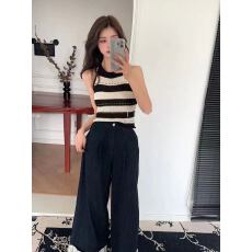 批发法式杏色条纹冰丝背心吊带女夏季外穿短款别致绝美针织无袖小上衣