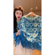 批发复古气质圆领套头钩花镂空流苏五分袖针织衫女休闲度假小众上衣