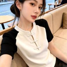 批发92%棉胖mm大码新中式撞色短袖<b class='q'>t</b><b class='q'>恤</b>女夏季新款国风盘扣遮肉显瘦上衣