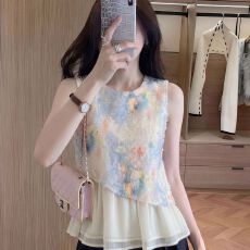批发蓝色设计感洋气提花彩色甜美无袖衬衫女夏季新款小众大码上衣