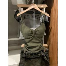 批发韩版绿色蕾丝边V领吊带背心女夏季新款辣妹修身显瘦外穿百搭上衣