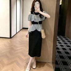 批发格子荷叶拼接露肩女神范轻奢连衣裙夏季法式大码胖mm显瘦包臀裙子
