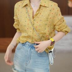 批发彩色波点印花<b class='q'>衬衫</b>女2026春季新款气质百搭黄色<b class='q'>衬衣</b>高级感长袖上衣