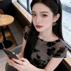 批发新中式水墨印花短袖T恤女春季新款修身显瘦气质复古<b class='q'>上衣</b>