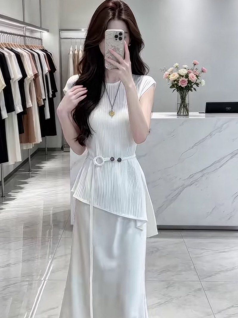 FA56952# 夏季新款镂空无袖罩衫上衣女吊带裙女时尚气质收腰显瘦两件套