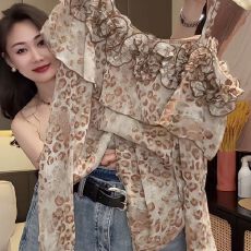 批发爆款<b class='q'>大码</b>夏季新款漏肩法式豹纹拼接雪纺衫甜美荷叶边遮肉宽松薄款
