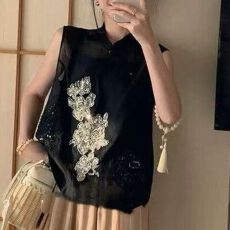 批发新中式刺绣国风无袖衬衫背心女夏季新款气质优雅高级感重工上衣潮