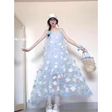 批发<b class='q'>女</b><b class='q'>童</b>法式高级感重工立体花朵网纱吊带连衣裙海边度假风仙女裙气质