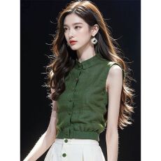 批发今年流行漂亮小衫法式气质高级别致绝美绿色收腰<b class='q'>背心</b>衬衫上衣夏季