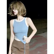 批发蓝白拼接撞色假两件无袖坎肩吊带女春夏外穿绝美巨好看的<b class='q'>背心</b>上衣