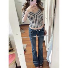批发美式复古辣妹性感微透复古格纹V领套头<b class='q'>七分袖</b><b class='q'>T</b><b class='q'>恤</b>百搭显瘦上衣女