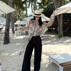 批发豹纹印花飘带长袖防晒衫女2026夏季新款显瘦设计感小众雪纺衬衫潮