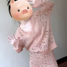 批发粉色镂空V领长袖针织衫女春秋季新款韩系温柔慵懒风宽松软糯<b class='q'>毛衣</b>
