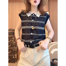 批发复古<b class='q'>条纹</b>娃娃领针织衫女夏季薄款百搭显瘦宽松<b class='q'>开衫</b>飞飞袖上衣小衫