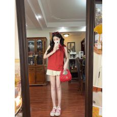 批发法式复古红色蝴蝶结吊带小衫女夏季甜美背心挂脖上衣短款<b class='q'>宽松</b>短裤