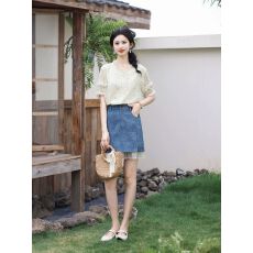 批发琦琦【蓝天星】蓝色牛仔a字短裙女夏季设计感烫金荷叶下摆半身裙