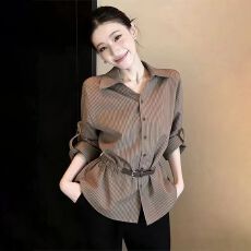 批发复古风条纹衬衫女2026年春季新款翻领收腰显瘦高级气质内搭上衣潮