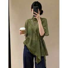 批发绿色高领短袖不规则系带衬衫女2026夏季新款<b class='q'>时尚</b><b class='q'>潮流</b>百搭大码上衣