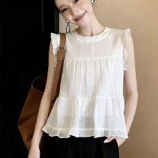 批发韩系波点圆领雪纺<b class='q'>衬衫</b>女2026夏季新款减龄遮肚显瘦木耳边无袖上衣