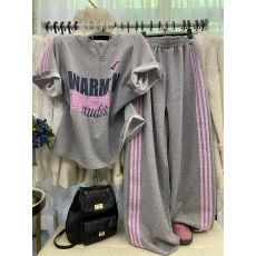 批发两件套夏季新款美式字母<b class='q'>印花</b>圆领短袖+松紧腰拼条阔腿裤长裤<b class='q'>套装</b>