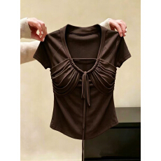 批发外贸专柜出口深咖色绑带假两件短袖T恤女夏季新款小众设计感上衣