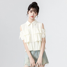 批发设计感露肩短袖衬衫女宽松2026夏<b class='q'>新款</b>荷叶边衬衣ins小众短款上衣