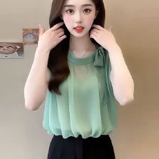 批发独特漂亮绿色蝴蝶结<b class='q'>衬衫</b>2026年夏季新款法式<b class='q'>气质</b><b class='q'>衬衣</b>无袖小衫女